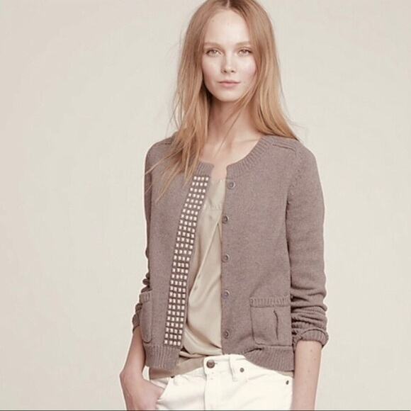 J.Crew Studded Detailing Long Sleeve Cardigan Casual Sweater Pockets L Tan Beige - Picture 11 of 15